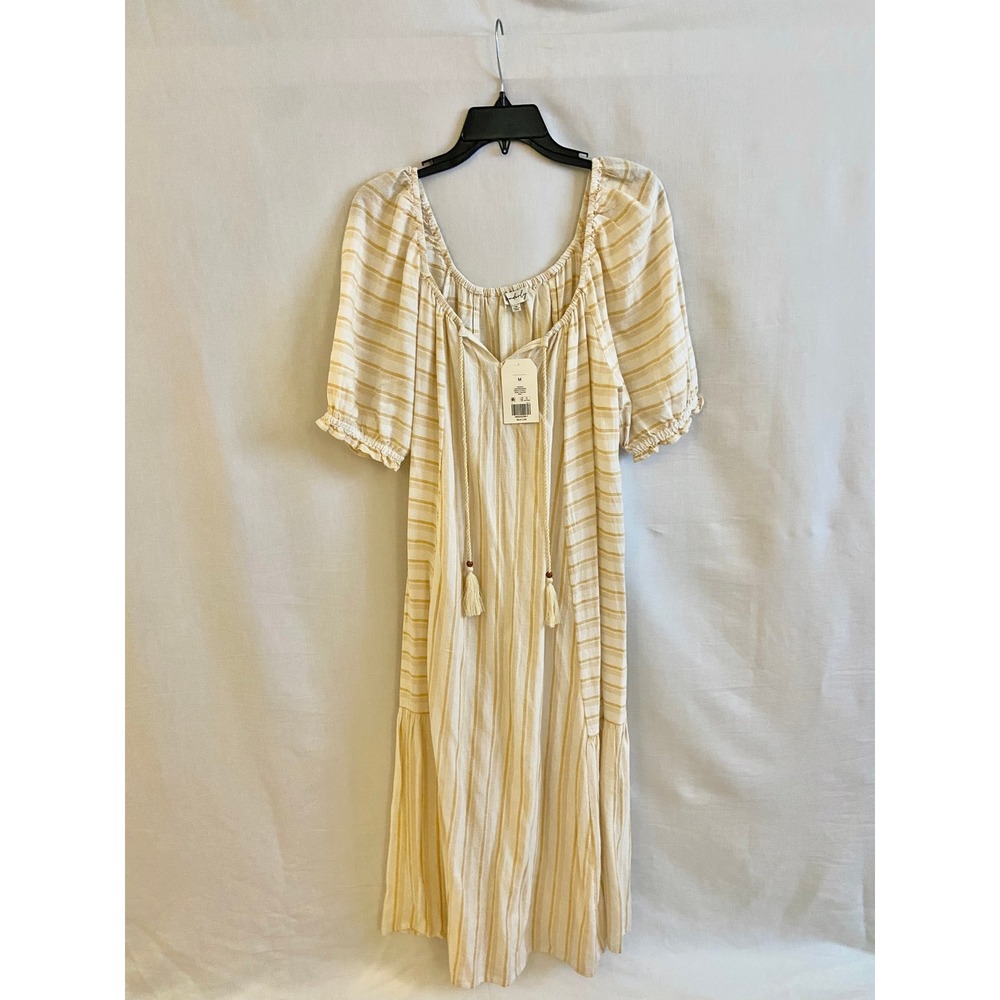 Wonderly Dress Womens Medium Yellow Simple Stripe Midi Linen Blend Tassel Boho